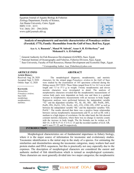 Analysis of Morphometric and Meristic Characteristics of Pomadasys Stridens (Forsskål, 1775), Family: Haemulidae from the Gulf of Suez, Red Sea, Egypt