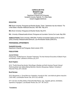 Benjamin Legg Senior Lecturer Department of Spanish and Portuguese Vanderbilt University, Nashville, TN, United States Benjamin.Legg@Vanderbilt.Edu