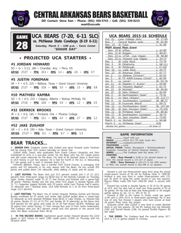 Central Arkansas Bears Basketball SID Contact: Steve East • Phone: (501) 450-5743 • Cell: (501) 339-8215 Seast@Uca.Edu