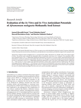 Evaluation of the in Vitro and in Vivo Antioxidant Potentials of Aframomum Melegueta Methanolic Seed Extract