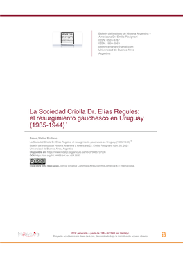 La Sociedad Criolla Dr. Elías Regules: El Resurgimiento Gauchesco En Uruguay (1935-1944) 1