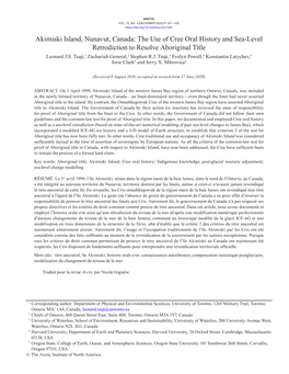 Akimiski Island, Nunavut, Canada: the Use of Cree Oral History and Sea-Level Retrodiction to Resolve Aboriginal Title Leonard J.S