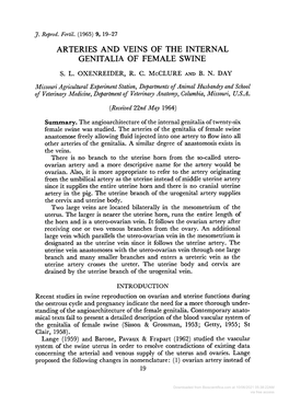 ARTERIES and VEINS of the INTERNAL GENITALIA of FEMALE SWINE Missouri Agricultural Experiment Station, Departments Ofanimal Husb