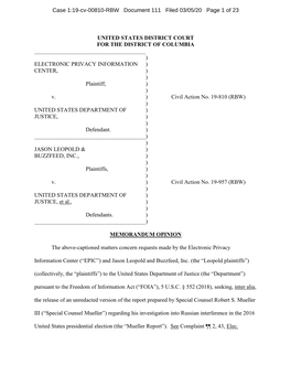 UNITED STATES DISTRICT COURT for the DISTRICT of COLUMBIA ______) ELECTRONIC PRIVACY INFORMATION ) CENTER, ) ) Plaintiff, ) ) V