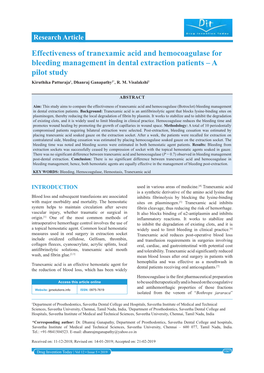 Effectiveness of Tranexamic Acid and Hemocoagulase for Bleeding Management in Dental Extraction Patients – a Pilot Study Kiruthika Patturaja1, Dhanraj Ganapathy2*, R