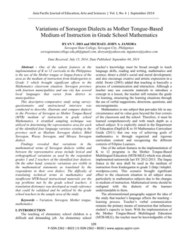 Variations of Sorsogon Dialects As Mother Tongue-Based Medium of Instruction in Grade School Mathematics