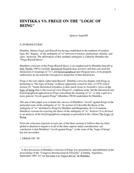 Hintikka Vs. Frege on the "Logic of Being"