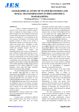 GEOGRAPHICAL STUDY of WATER RECOURSES and RURAL TRANSFORMATION in DHULEDISTRICT, MAHARASHTRA *Prof.Rupeshr.Deore ** Dr.Bhavsarsandip S