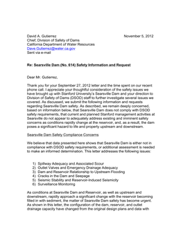 David A. Gutierrez November 5, 2012 Chief, Division of Safety of Dams California Department of Water Resources Dave.Gutierrez@Water.Ca.Gov Sent Via E-Mail