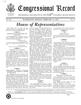 Congressional Record United States Th of America PROCEEDINGS and DEBATES of the 116 CONGRESS, SECOND SESSION