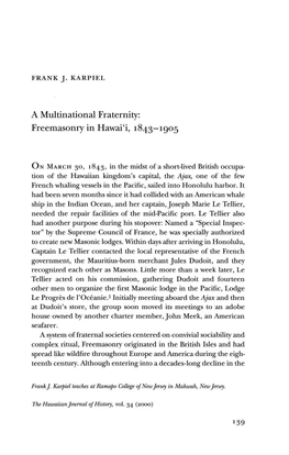 A Multinational Fraternity: Freemasonry in Hawai'i, 1843-1905