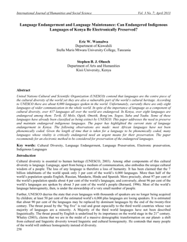 Language Endangerment and Language Maintenance: Can Endangered Indigenous Languages of Kenya Be Electronically Preserved?