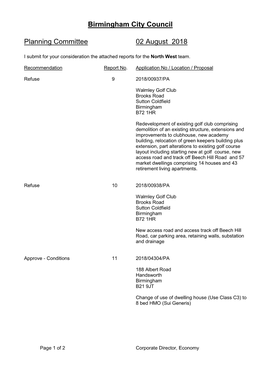 Birmingham City Council Planning Committee 02 August 2018