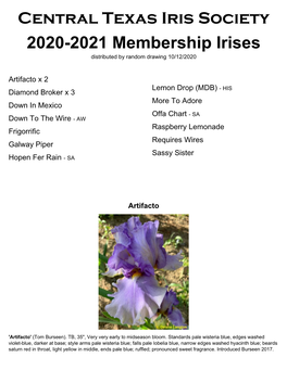 Central Texas Iris Society 2020-2021 Membership Irises Distributed by Random Drawing 10/12/2020
