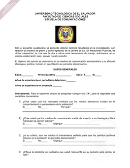 Universidad Tecnologica De El Salvador Facultad De Ciencias Sociales Escuela De Comunicaciones