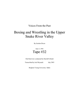 Harold Forbush: Intercity Wrestiling and Boxing in the Upper Snake