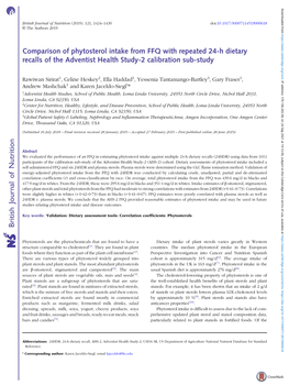 Comparison of Phytosterol Intake from FFQ with Repeated 24-H Dietary Recalls of the Adventist Health Study-2 Calibration Sub-Study