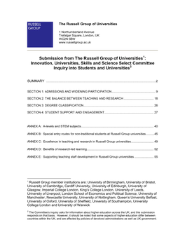 Submission from the Russell Group of Universities1: Innovation, Universities, Skills and Science Select Committee Inquiry Into Students and Universities2