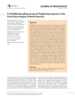 JOURNAL of NEMATOLOGY a COI DNA Barcoding Survey of Pratylenchus Species in the Great Plains Region of North America