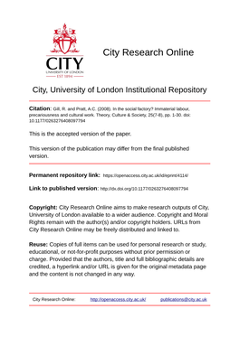 In the Social Factory? Immaterial Labour, Precariousness and Cultural Work