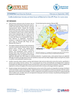 February to September 2020 Conflict, Localized Poor Harvests, and Desert Locust Will Likely Lead to Crisis (IPC Phase 3) in Some Areas