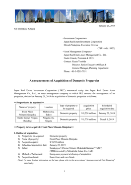 Announcement of Acquisition of Domestic Properties