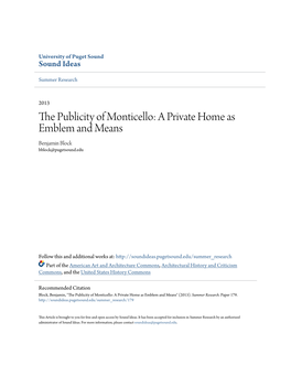 The Publicity of Monticello: a Private Home As Emblem and Means Benjamin Block Bblock@Pugetsound.Edu