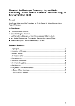 Minute of the Meeting of Graemsay, Hoy and Walls Community Council Held Via Microsoft Teams on Friday, 26 February 2021 at 18:30