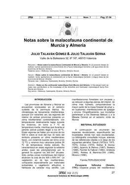 Notas Sobre La Malacofauna Continental De Murcia Y Almería