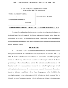 IN the UNITED STATES DISTRICT COURT for the DISTRICT of COLUMBIA UNITED STATES of AMERICA V. GEORGE PAPADOPOULOS, Defendan