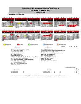 SOUTHWEST ALLEN COUNTY SCHOOLS SCHOOL CALENDAR 2020-2021 Board Approved: 11-6-18; Rev 3-17-2020