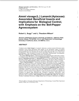 Ammi Visnaga (L.) Lamarck (Apiaceae): Associated Beneficial Insects and Implications for Biological Control, with Emphasis on the Bell-Pepper Agroecosystem