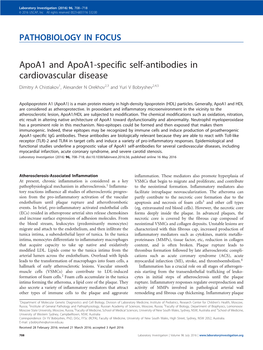 Apoa1 and Apoa1-Specific Self-Antibodies in Cardiovascular Disease Dimitry a Chistiakov1, Alexander N Orekhov2,3 and Yuri V Bobryshev2,4,5