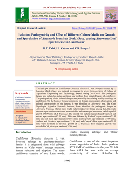 Isolation, Pathogenicity and Effect of Different Culture Media on Growth and Sporulation of Alternaria Brassicae (Berk.) Sacc