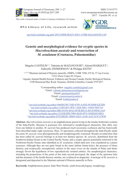 Genetic and Morphological Evidence for Cryptic Species in Macrobrachium Australe and Resurrection of M