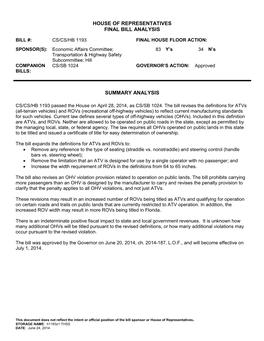 House of Representatives Final Bill Analysis