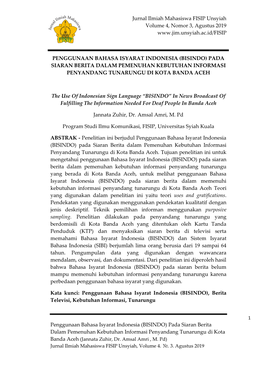 Penggunaan Bahasa Isyarat Indonesia (Bisindo) Pada Siaran Berita Dalam Pemenuhan Kebutuhan Informasi Penyandang Tunarungu Di Kota Banda Aceh