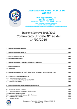 Stagione Sportiva 2018/2019 Comunicato Ufficiale N° 26 Del 14/02/2019