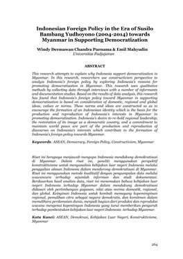 Indonesian Foreign Policy in the Era of Susilo Bambang Yudhoyono (2004-2014) Towards Myanmar in Supporting Democratization