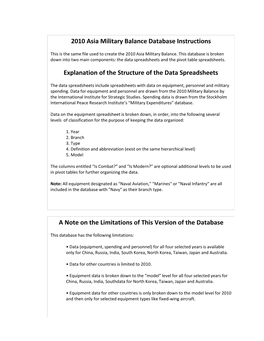 2010 Asia Military Balance Database Instructions