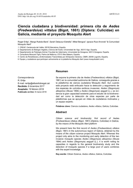 Primera Cita De Aedes (Fredwardsius) Vittatus (Bigot, 1861) (Diptera: Culicidae) En Galicia, Mediante El Proyecto Mosquito Alert