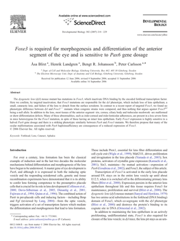 Foxe3 Is Required for Morphogenesis and Differentiation of the Anterior Segment of the Eye and Is Sensitive to Pax6 Gene Dosage