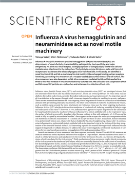 Influenza a Virus Hemagglutinin and Neuraminidase Act As Novel Motile Machinery Received: 14 October 2016 Tatsuya Sakai1, Shin I