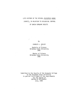 Life History of the Spider, Phidippus Audax (Hentz), in Relation to Biological Control of Grain Sorghum Insects
