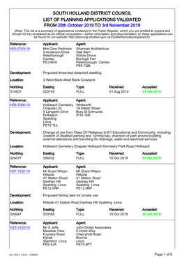 SOUTH HOLLAND DISTRICT COUNCIL LIST of PLANNING APPLICATIONS VALIDATED from 28Th October 2019 to 3Rd November 2019