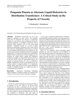 Pongamia Pinnata As Alternate Liquid Dielectrics in Distribution Transformer: a Critical Study on the Property of Viscosity