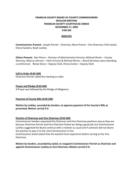 Franklin County Board of County Commissioners Regular Meeting Franklin County Courthouse Annex November 17, 2009 9:00 Am