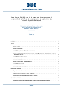Documento RD 558/2001, Regulación Perros De Pura Raza