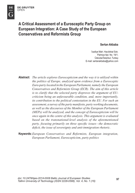 A Critical Assessment of a Eurosceptic Party Group on European Integration: a Case Study of the European Conservatives and Reformists Group