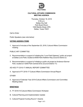 CULTURAL AFFAIRS COMMISSION MEETING AGENDA Thursday